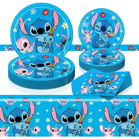 VDESFUEBY 41Pcs Stitch Birthday Decorations, 20 Plates, 20 Napkins and 1 Tablecloth for Stitch Birthday Party Supplies
