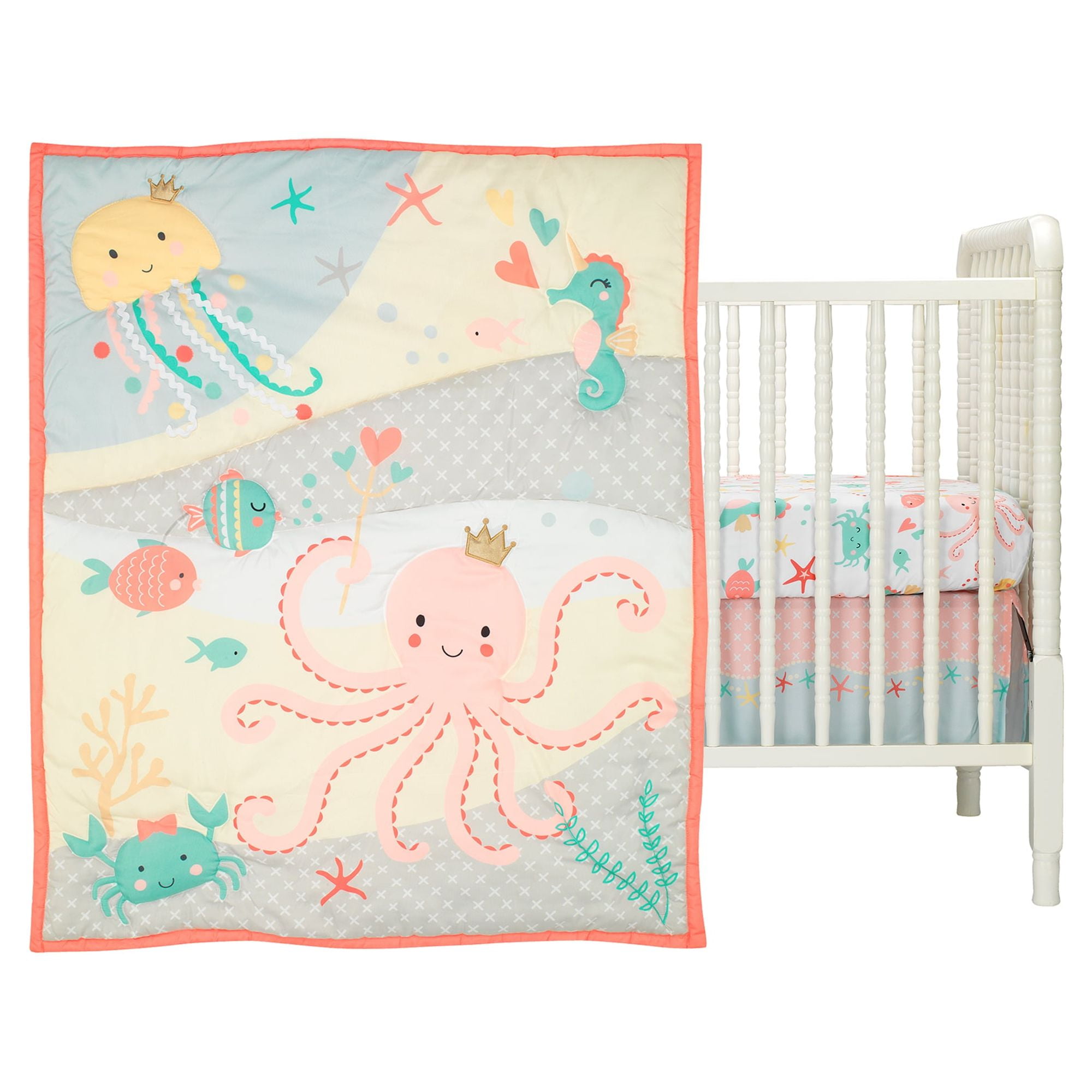 Bedtime Originals Ocean Mist 3-Piece Pink/Gray/Yellow Baby Crib Bedding Set