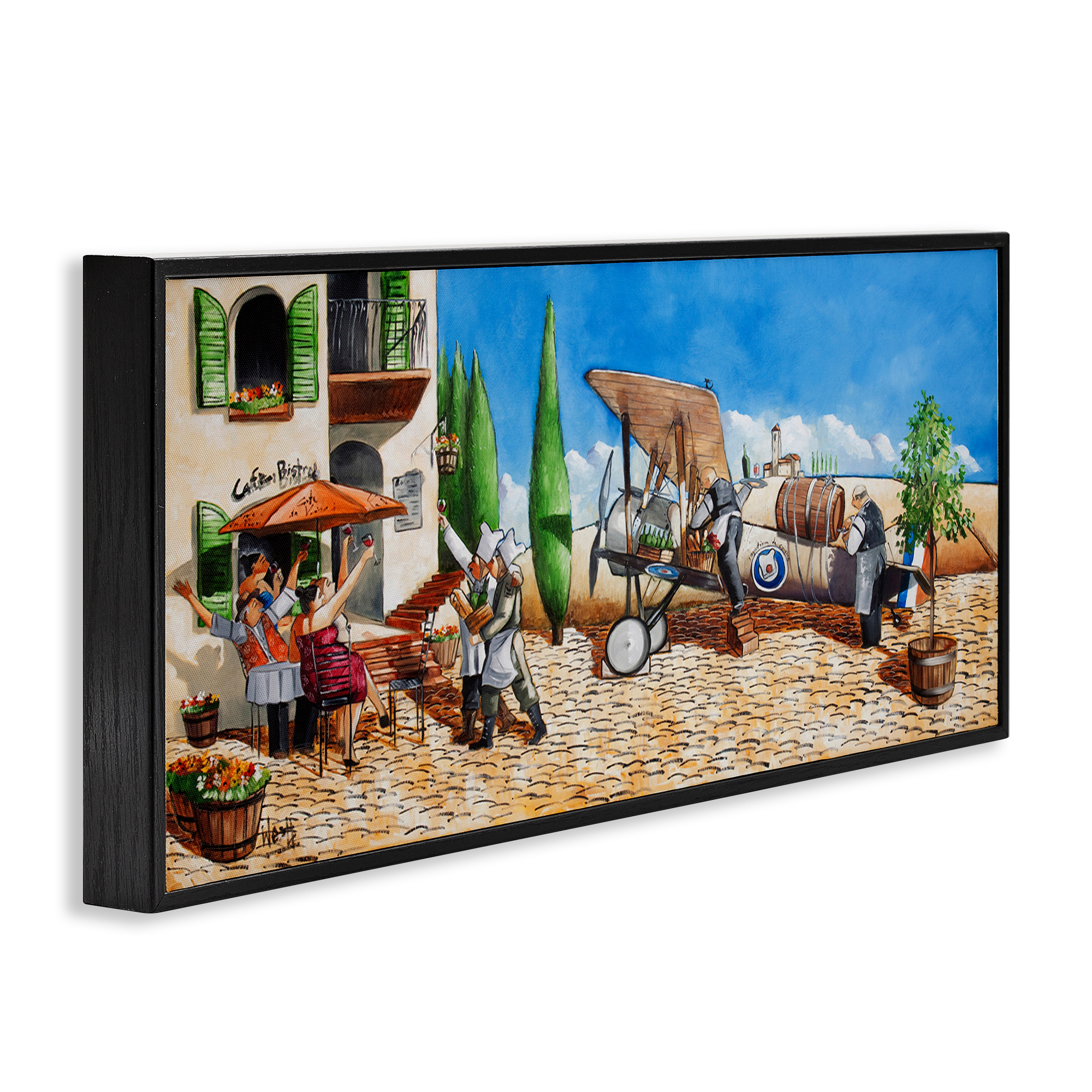Stupell Industries Café & Airplane Scene Scenery Painting Black Framed Art Print Wall Art, 30 x 13