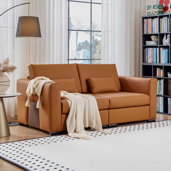 78"W Orange Leather Sofa with Wide Square Arms, Mid Century Modern 3 Seater Deep Seat Upholstered Couch with 2 Pillows for Living Room Bedroom Apartment