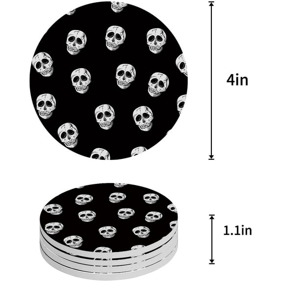 FMSHPON Halloween Horror Skull Black Set of 8 Round Coaster for Drinks, Absorbent Ceramic Stone Coasters Cup Mat with Cork Base for Home Kitchen Room Coffee Table Bar Decor