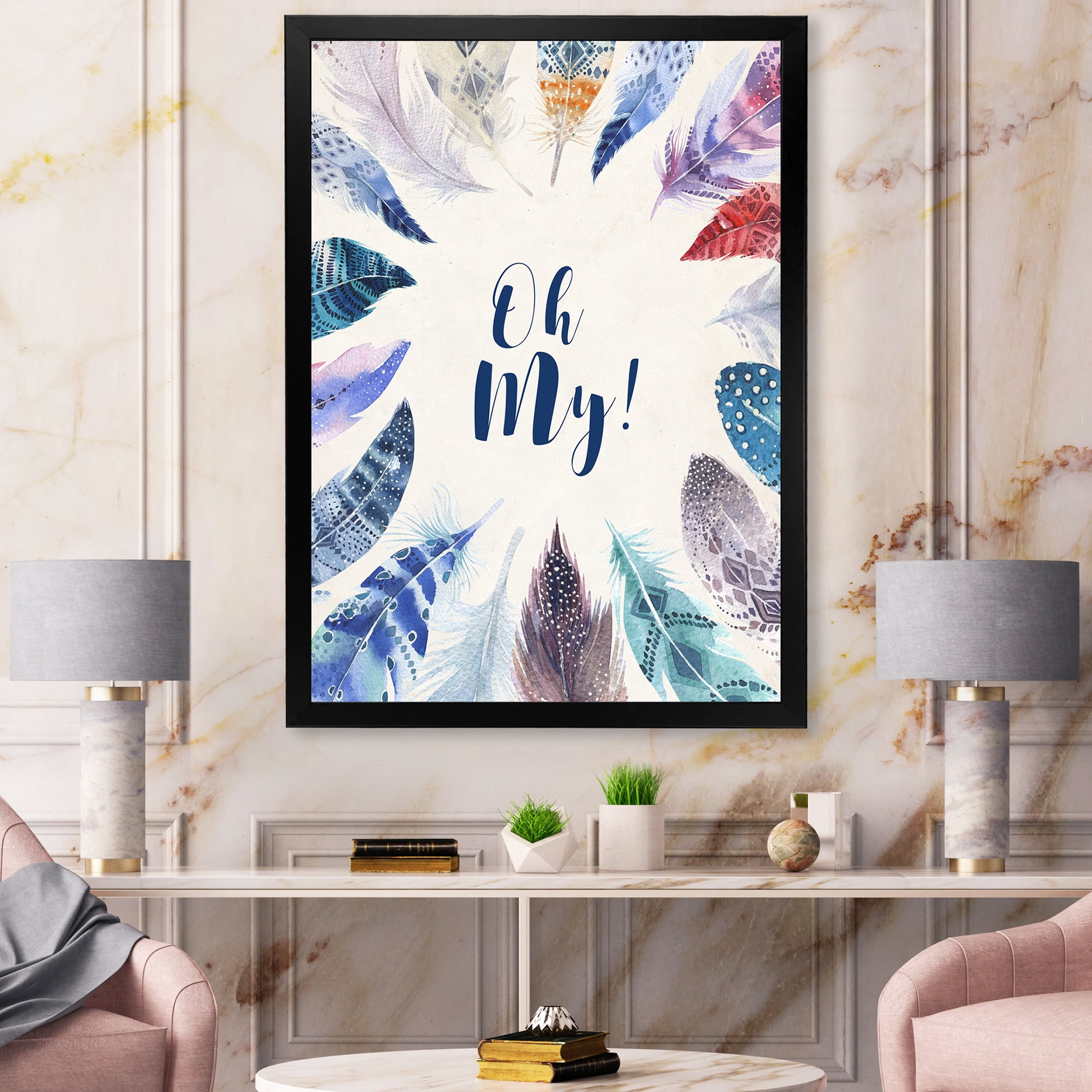 Designart 'Vital Blue Feathers Oh My' Bohemian & Eclectic Framed Art Print