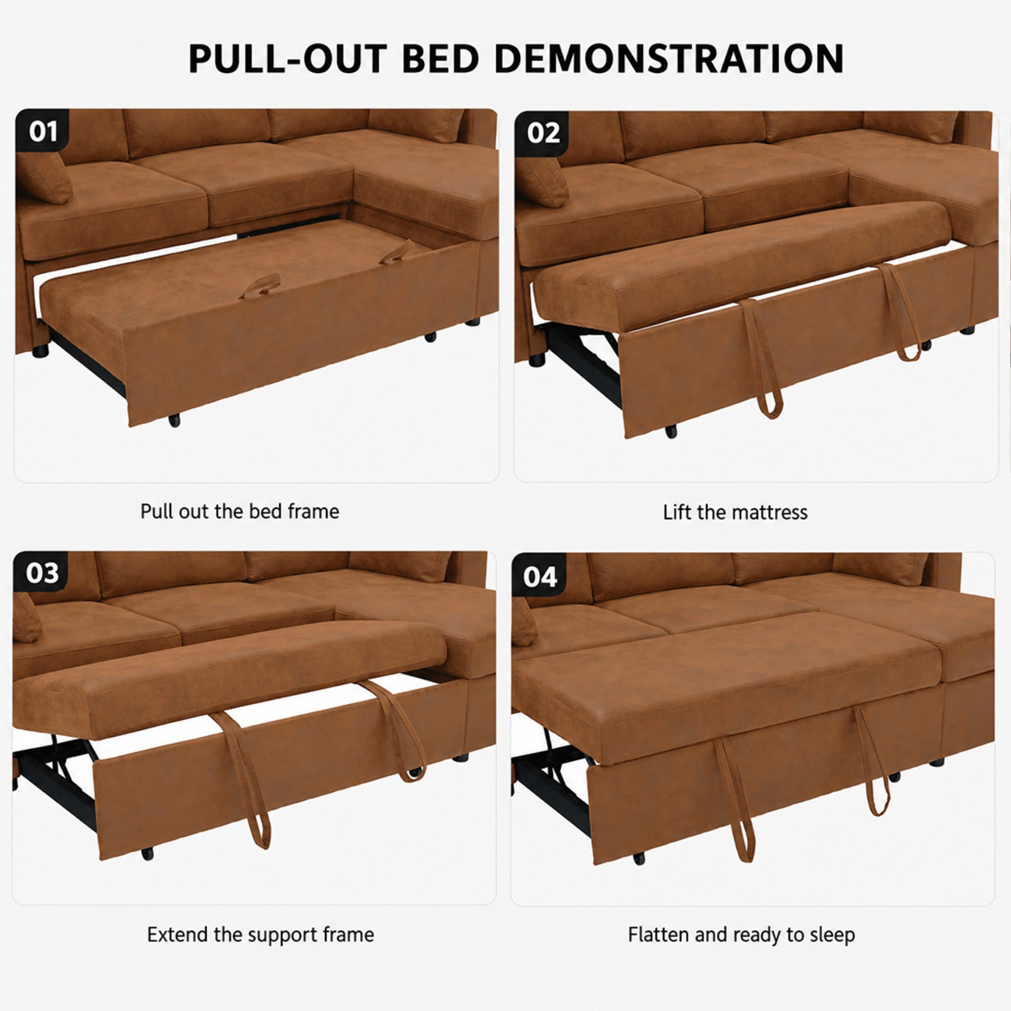 BSHTI 82.5" Polyester L-Shaped Pull-Out Sectional Sofa Bed with Storage Chaise, Cup Holders for Living Room(Light Brown)