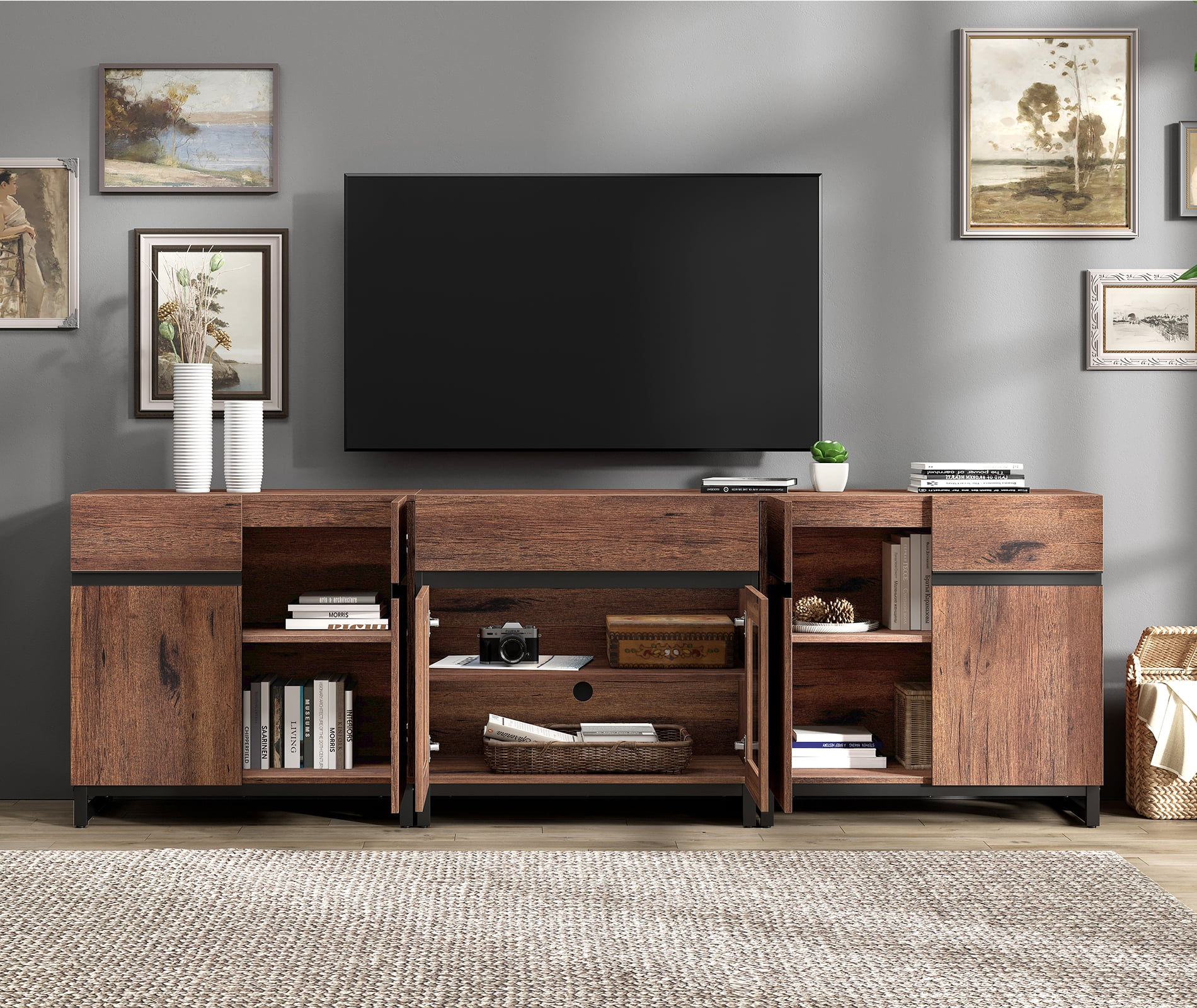 WAMPAT 3-in-1 Modern Entertainment Center TV Stand for TVs up to 100 Inch, with Metal Base & 2 Adjustable Shelves, Living Room TV Console, Brown