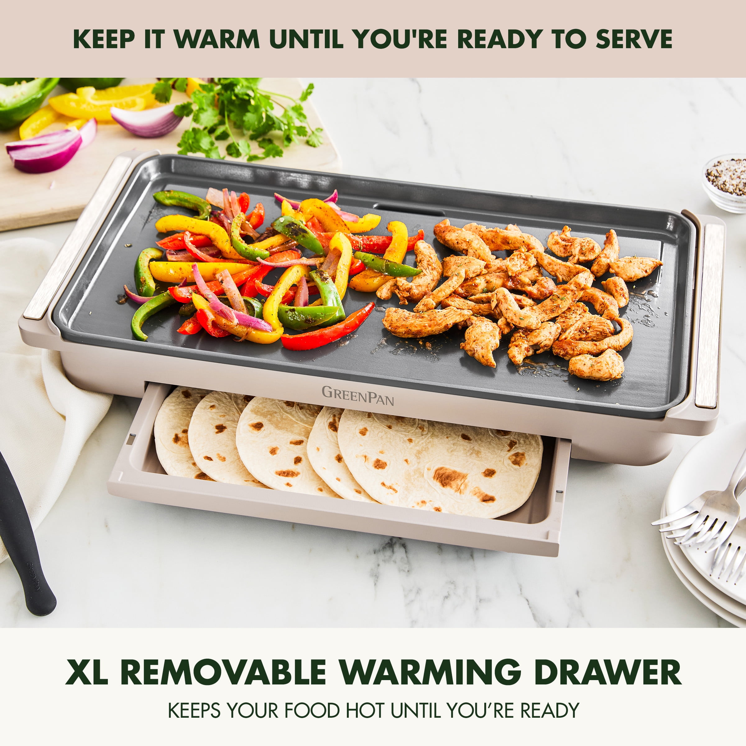GreenPan Advanced 10.5”x 20” Electric Griddle with Warming Drawer, Healthy Ceramic Nonstick, Clay