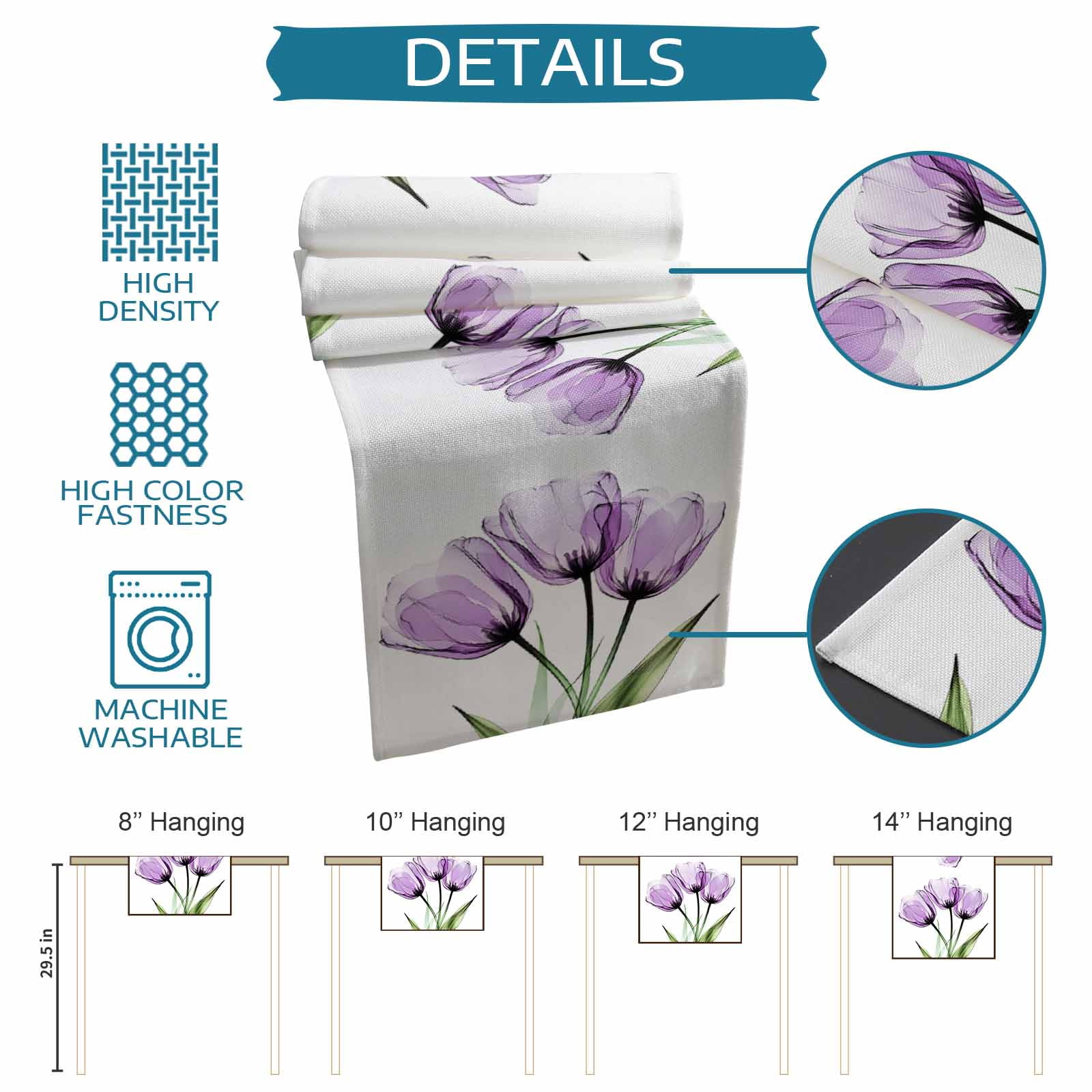 Purple Tulip Table Runner, Modern Blossom Pastel White Floral Petal Washable Cotton Linen Table Runners 108 Inches Long, Dresser Scarf Runner for Dining/Living Room/Kitchen/Square Tables 13''x108''