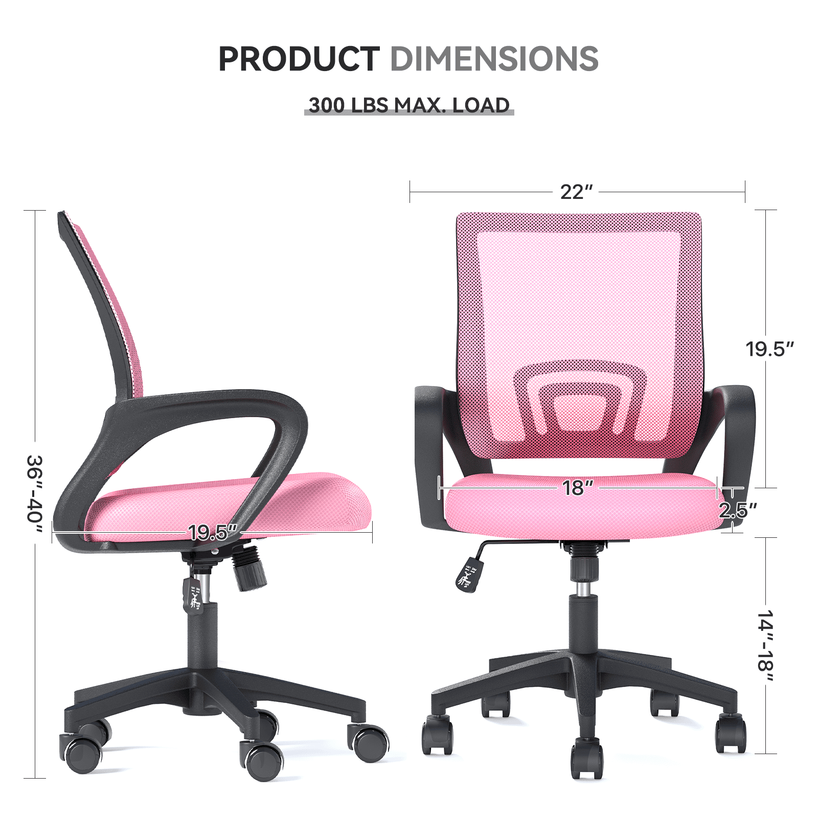 OSM 2-Pack Ergonomic Mesh Office Chairs, Mid-Back Desk Chair with Lumbar Support, Swivel Computer Task Chair for Home Office, Gaming & Study, 300 lbs Capacity, Pink