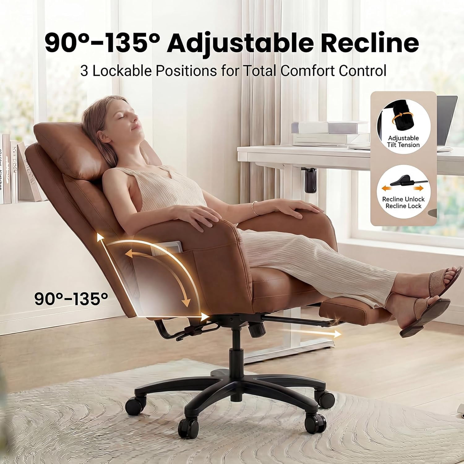 Ninecer Cross Legged Office Chair with Wide Seat, Plus Size Criss Cross Desk Chair, Brown Leather 500LBS Big and Tall Office Chair with Foot Rest, Reversible Armrests & Wide Seat