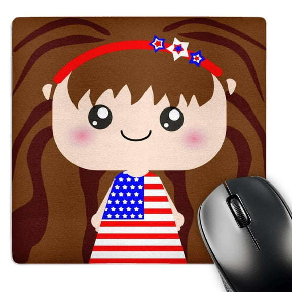 3dRose, Cute Kawaii Cartoon Patriotic Girl wearing American Flag Dress for July 4th Independence Day, MousePad