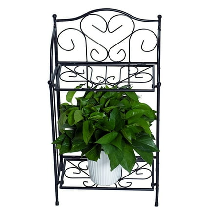 Foldable Metal Plant Stand - 2 Tier Scrollwork Design Flower Rack for Indoor and Outdoor Use with Home Storage Organizer Shelf in Black