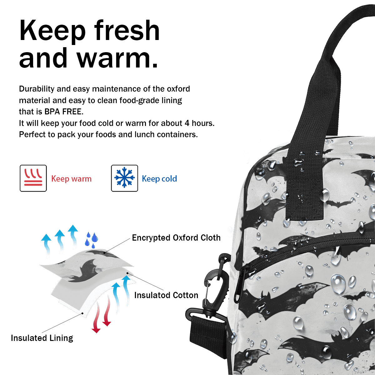 Herdesigns Halloween Bat Insulated Lunch Bag for Women Men Adults Large Reusable Lunch Box Spooky Bat Leakproof Cooler Tote Bags with Adjustable Shoulder Strap