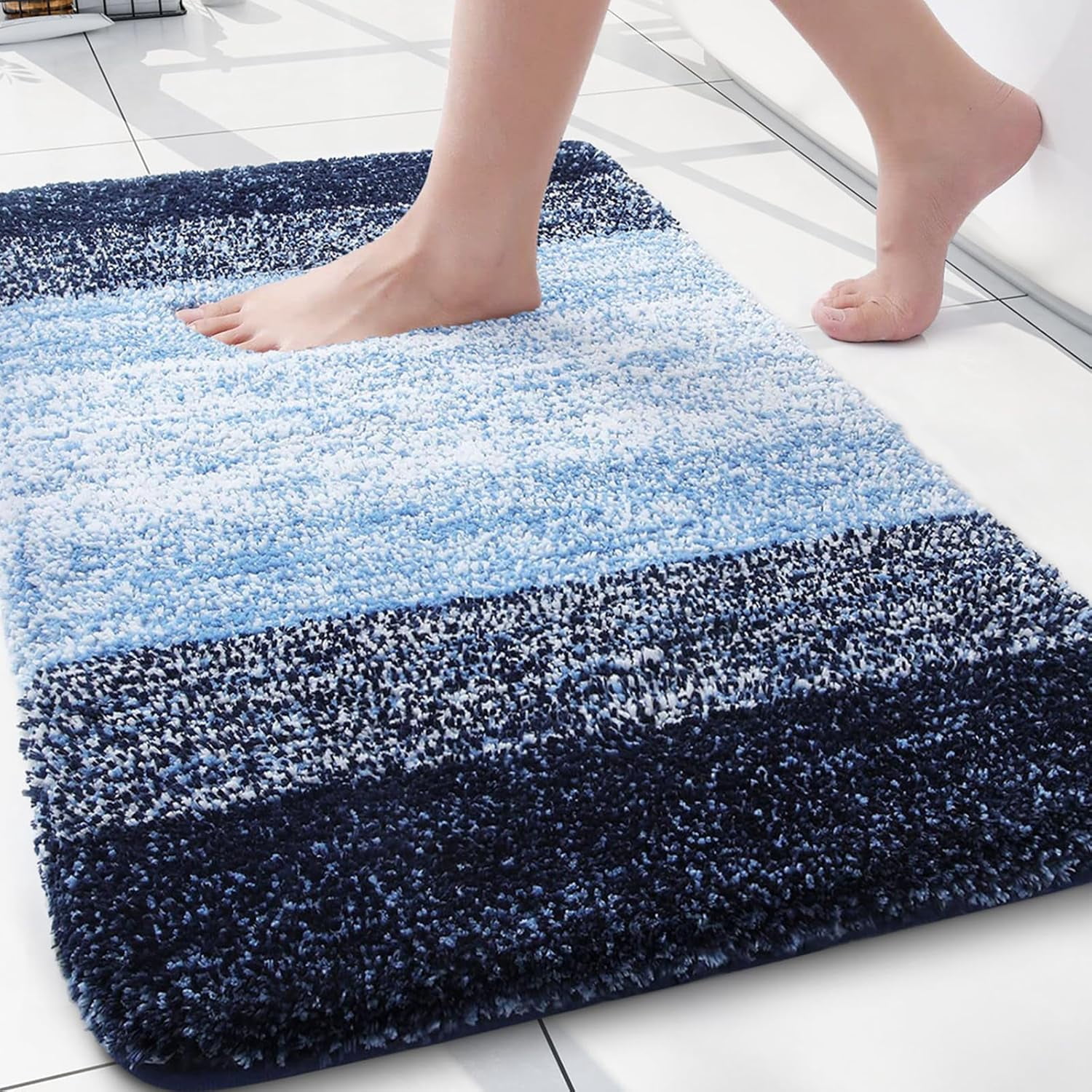 Microfiber Bathroom Rug Soft Absorbent Non-Slip Thick Plush Machine Washable Bath Mat for Tub and Shower 24x16 Blue Rectangle