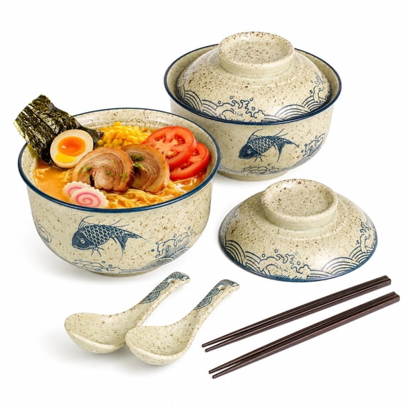 2 Pcs Ceramic Ramen Bowl Set with Lids, Spoons and Chopsticks, 26 Oz Japanese Noodle Bowls Set of 2, Vintage Pattern Large Soup Bowl for Ramen, Udon, Pho, Salad