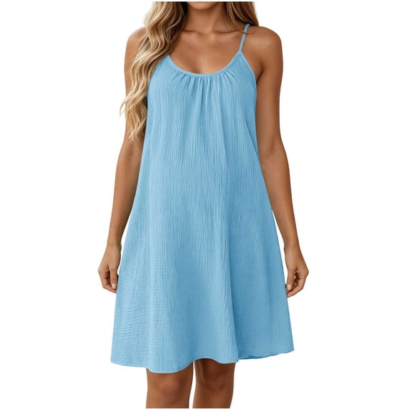 Efsteb Casual Dresses for Women 2026 Sleeveless Spaghetti Strap Comfy Mini Sundress Lightweight Round Neck Loose Flowy Dress for Summer Beach (Light Blue,L)