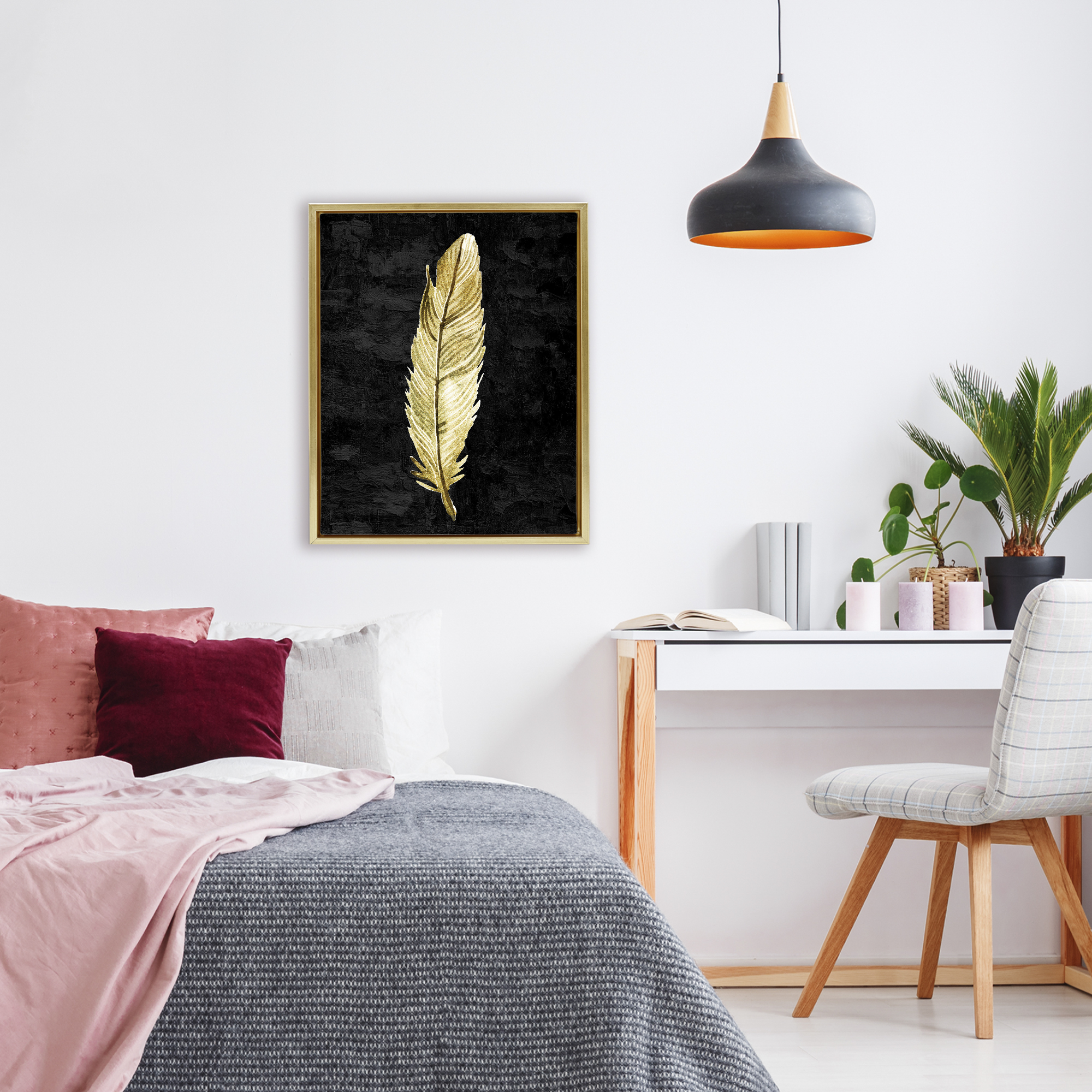 Curved Feather on Black Gold Framed Floater Canvas Wall Art, design by Kim Allen