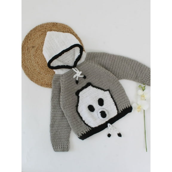 Woonie Handmade Full Sleeves Panda Detailing Draw String Hooded Sweater-Grey