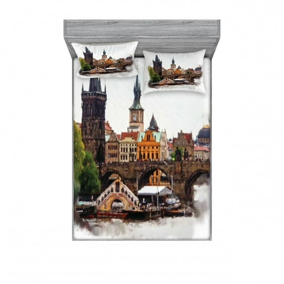 Scenery Bedding Set with Sheet & Covers, European Country Landscape with Houses and River Watercolors Style Print, Printed Bedroom Decor 2 Shams, 4 Sizes, Multicolor, by Ambesonne