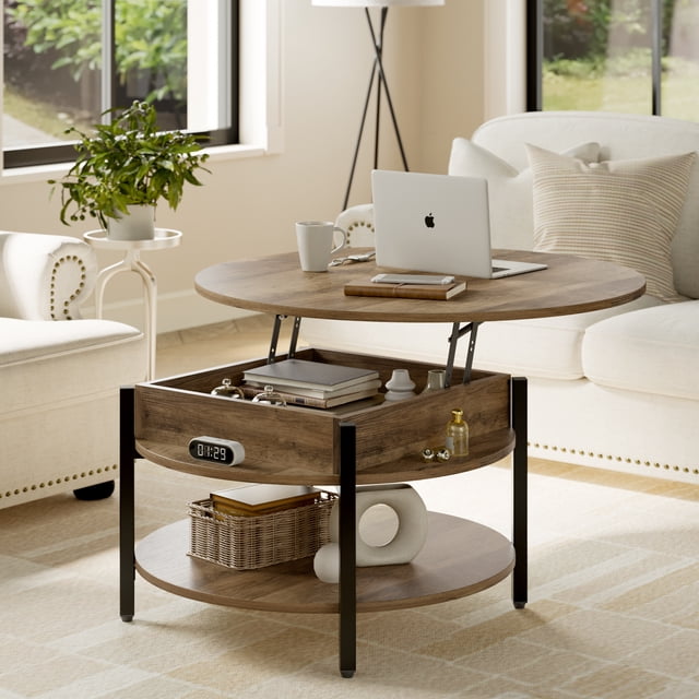 GUNAITO Round Lift Top Small Coffee Table with Storage Modern Farmhouse Centre Table with Shelf Small Circle Table for Living Room,Light brown