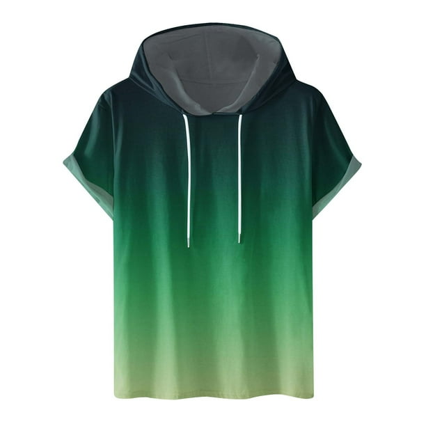 Mens Casual Shorts Digital Gradación Impresión Pullover Fitness Deportes Camiseta con Capucha, Blusa de Cuello Redondo de Poliéster para Al Aire Libre, Diario Y Todo