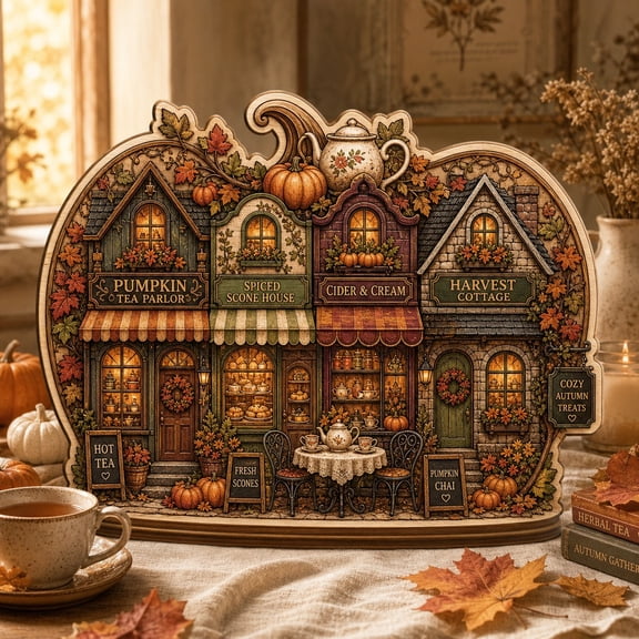 Pumpkin Tea Parlor Wooden Block Tabletop Display for Cottagecore Fall Decor