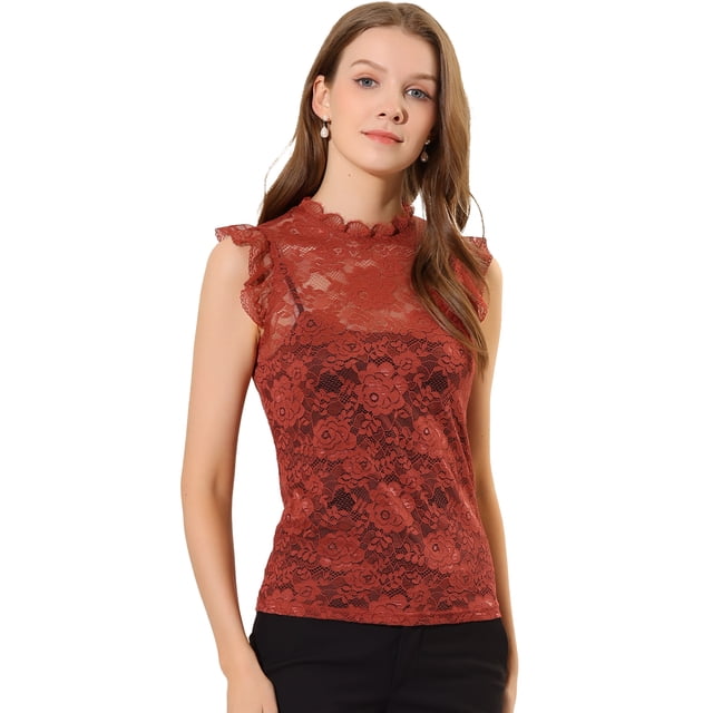 INSPIRE CHIC Blouse Sans Manches en Dentelle à Volants Semi-Transparente pour Femme
