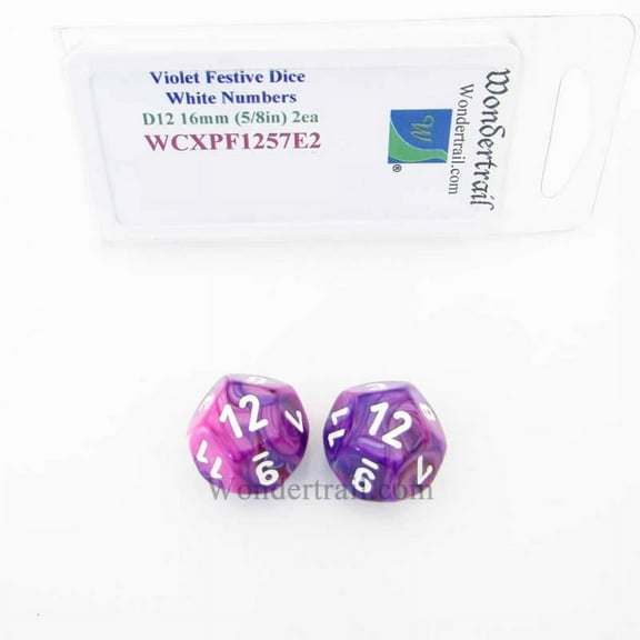 Violet Festive Dice with White Numbers D12 Aprox 16mm (5/8in) Pack of 2 Wondertrail