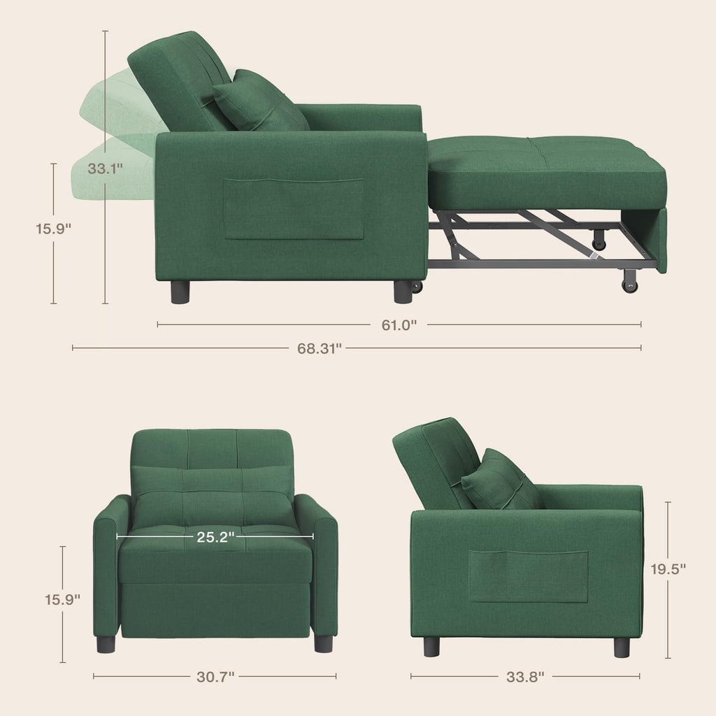 Convertible Sleeper Chair, Aiho 3-in-1 Convertible Sofa Bed Recliner Chair with Pull Out Couch - Green