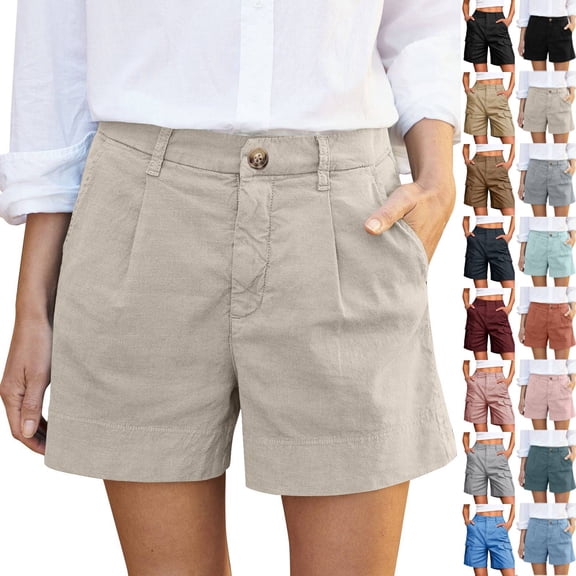 Linen Shorts for Women Summer Plus Size Bermuda High Waist Work Button Wide Leg Khaki Short Twill Chino Casual Ladies Trouser With Pocket 5" Inseam