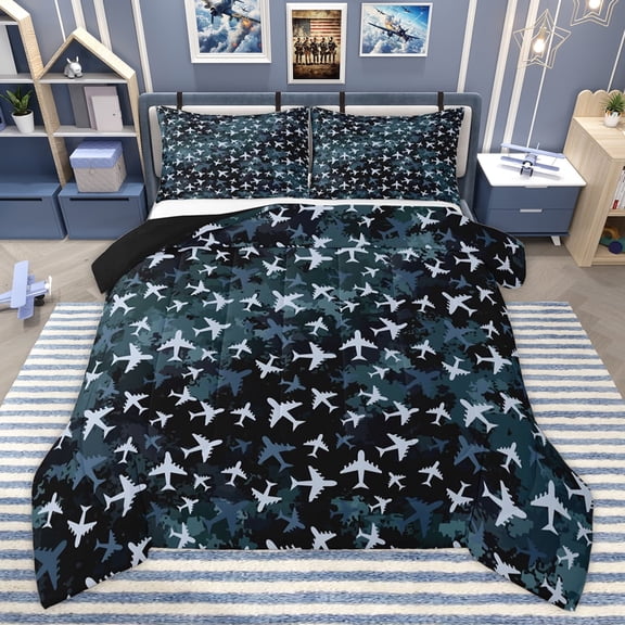 Homewish Plane Aircraft Print Bedding Comforter Set for Kids, Blue Camouflage Twin Comforter Sets, Cartoon Airplane Reversible Bedding Set, Luxury Bedroom Decor, 2pcs