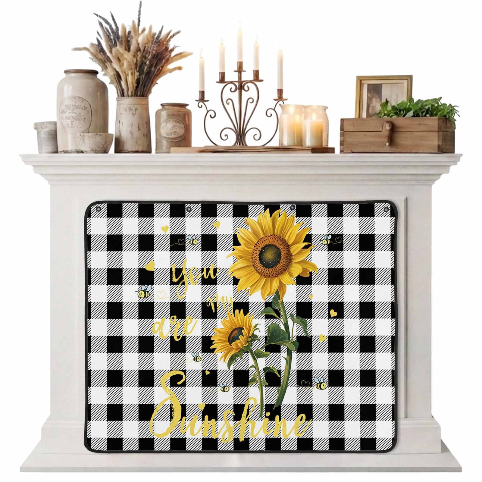 Magnetic Fireplace Cover Sunflower Bees Fireplace Screen Black Buffalo Plaid You Are My Sunshine Insulation Fireplace Blocker Blanket Save Energy Fireplace Draft Stopper Covers for Living Room 36x30