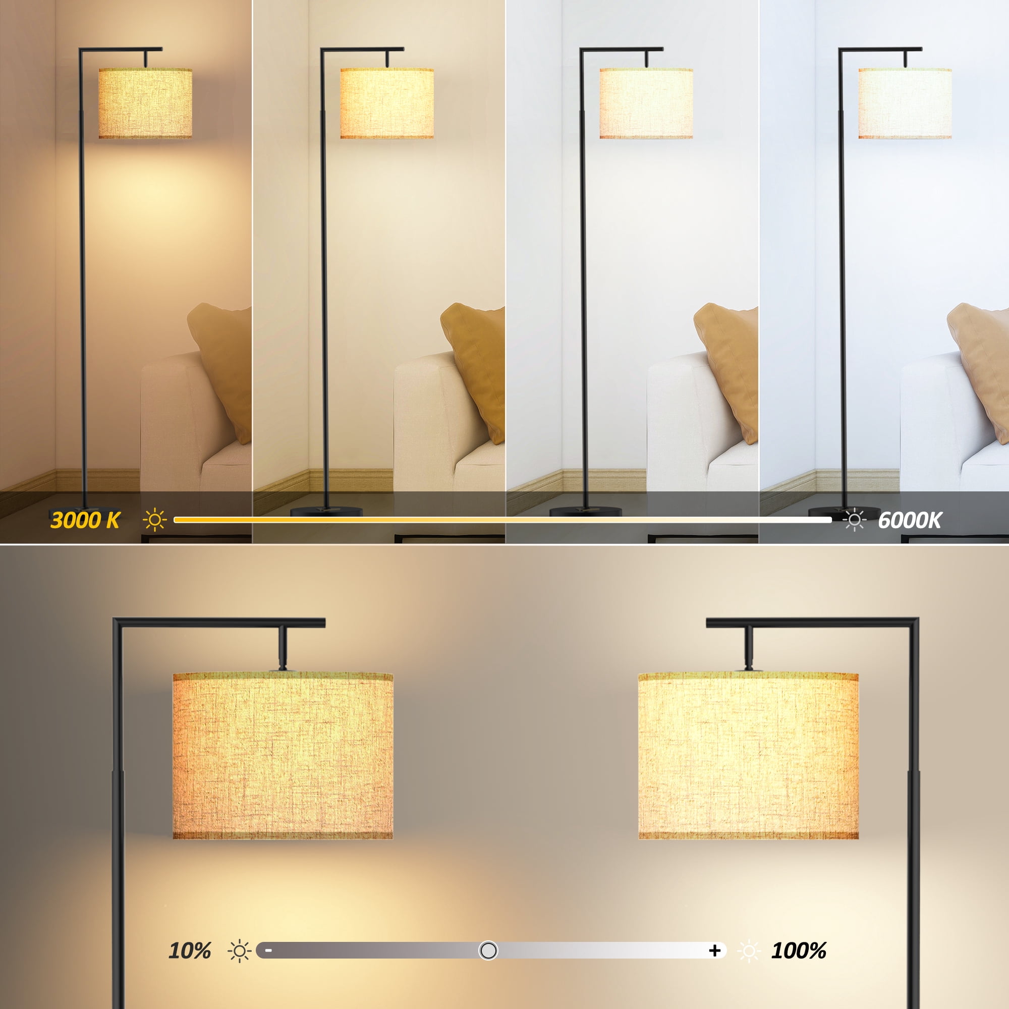 JURULU Arc Floor Lamp, Modern Standing Lamp with Remote Control, Including 4 Color Temperature 9W LED Bulbs, 350º Adjustable Linen Lampshade, Ideal for Living Room, Bedroom, Office