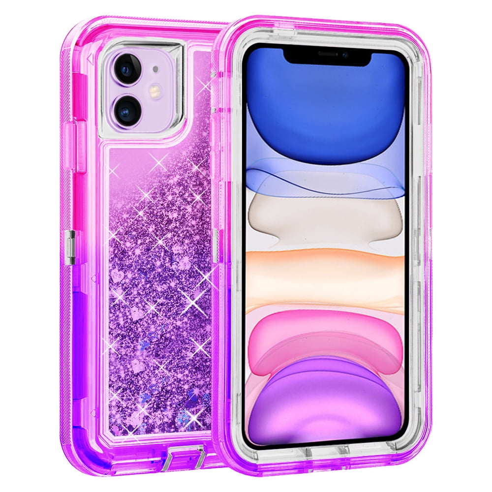 ozon Omkreds udluftning For Apple iPhone 11 Tough Defender Sparkling Liquid Glitter Heart Case Cover  Pink/Purple - Walmart.com