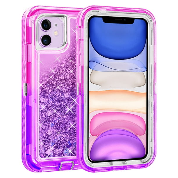 For Apple iPhone 11 Tough Defender Sparkling Liquid Glitter Heart Case