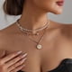 thumbnail image 4 of Multi Layer Shell Pearls Drop Necklace Modern Alloy Disc Design Neck Jewelry Gift For Her Birthday Anniversary, 4 of 4