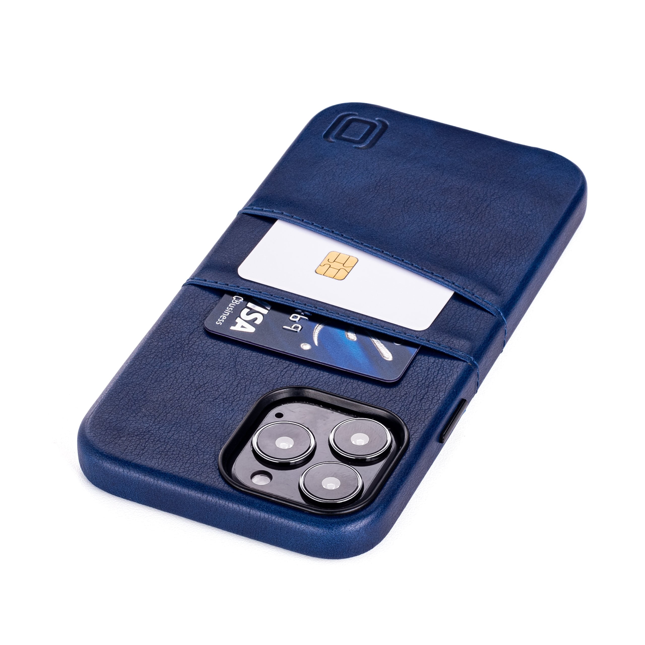 Dockem iPhone 13 Pro Max Exec M2 Wallet Case; Built-in Metal Plate, 2 Card Slots, Premium Synthetic Leather, Navy Blue