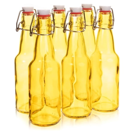 Glass Grolsch Beer Bottles (6-pack, 11 oz./330 mL) Airtight Seal with Top/ Top Stoppers - Home Brewing Supplies, Fermenting of Alcohol, Kombucha Tea, Wine, Soda - Yellow