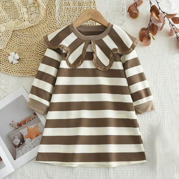 ATOGUTA Girls Dress Collared Long Sleeve Striped A-Line Fall Casual Dresses Size 2T-8, Coffee