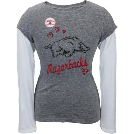 Arkansas Girl - Arkansas Razorbacks - Glitter Hearts Girls Youth 2fer Long Sleeve T-Shirt