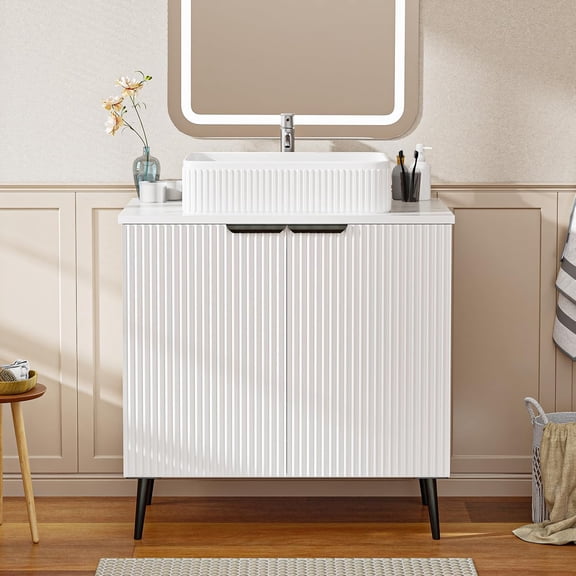 KZElegy 30" Modern Bathroom Vanity with Countertop Sink Combo, Freestanding Bathroom Sink Cabinet with 2 Soft Closing Doors, Metal Handles (White with Sink, 30")