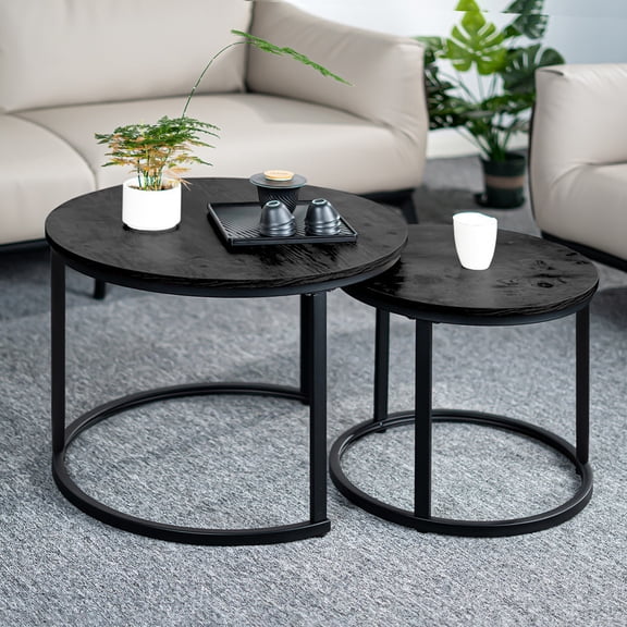 Hawsaiy 2-in-1 Nesting Coffee Table Set,Vintage Round Tea Table with Adjustable Foot Pads,Black