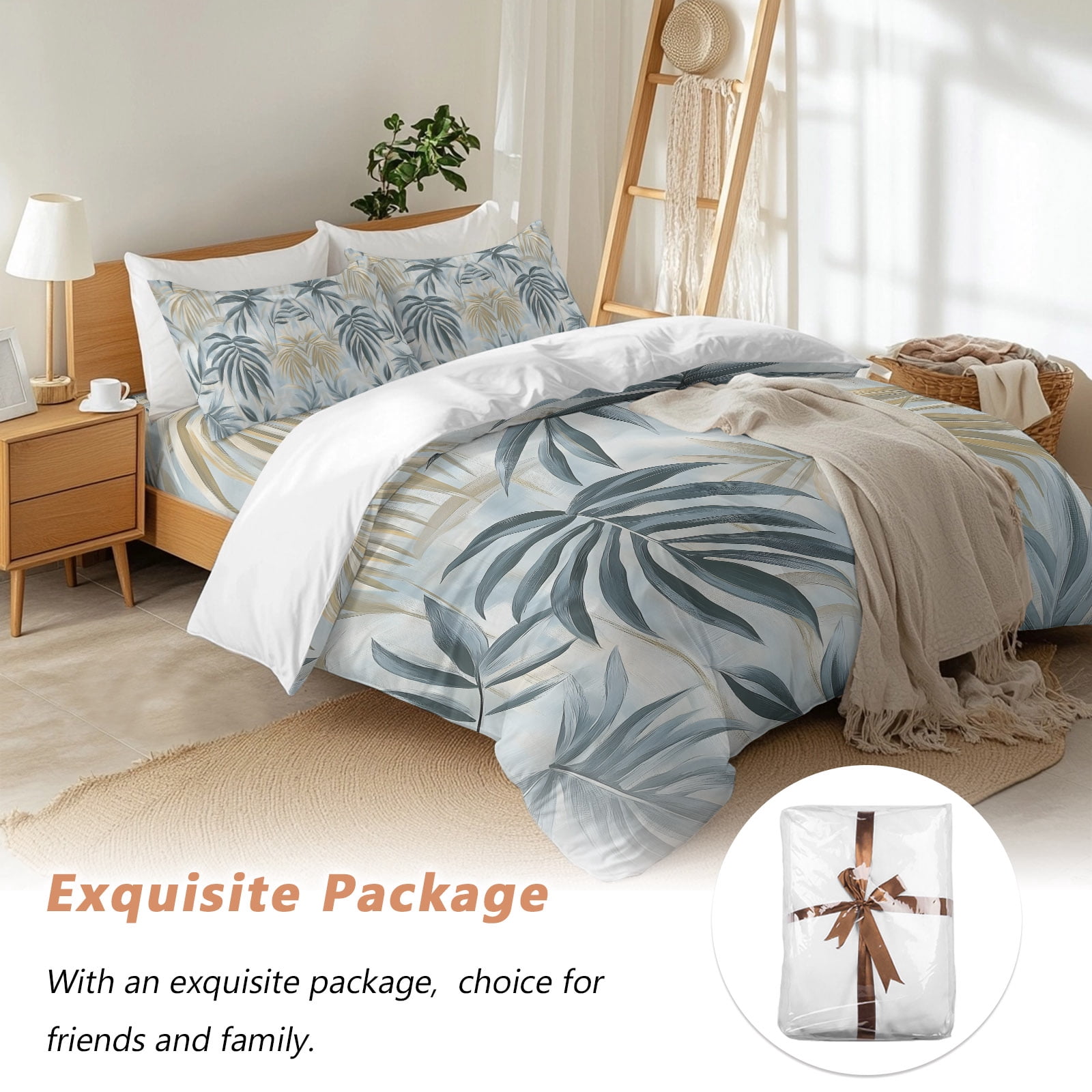 Bamboos Leaf Queen Duvet Cover Set, Green Leaves Watercolor Modernism 4 Piece Microfiber Bedding Set with Zipper Closure, Bed Sheet and 2 Pillow Shams, Soft Bedding Cover