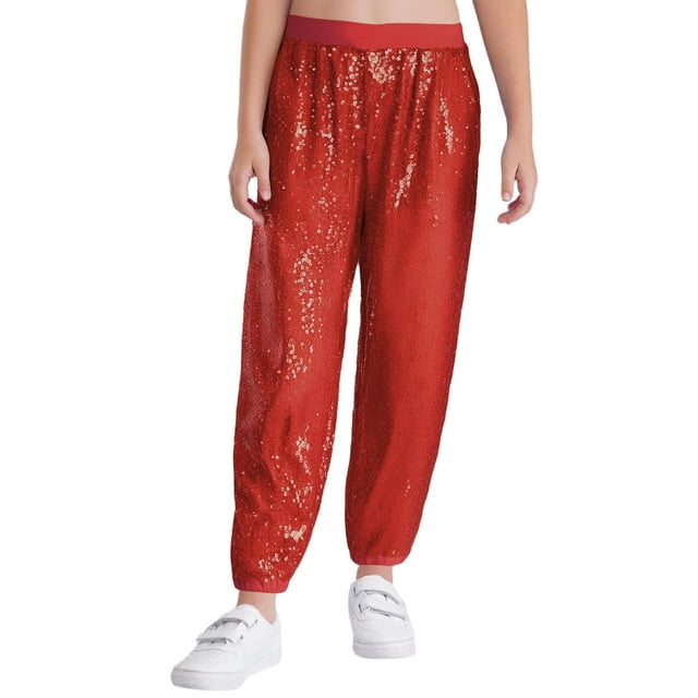 dPois Pantalons Harem de Danse Jazz Hip-Hop pour Filles Enfants Sequins Bas de Fête Disco Performance sur Scène Rouge 150