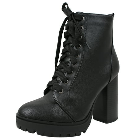 Soda Women's Military Combat Lace Up Lug Platform Chunky Block Heel Ankle Boot