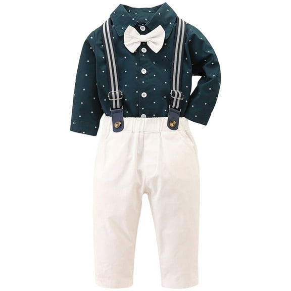 Ulanda Toddler Kids Baby Boys 1st Christmas Outfit Gentleman Striped Shirt with Bowtie  Long Suspender Pants Overalls Clothes (Dark Green, 3-4 Years)