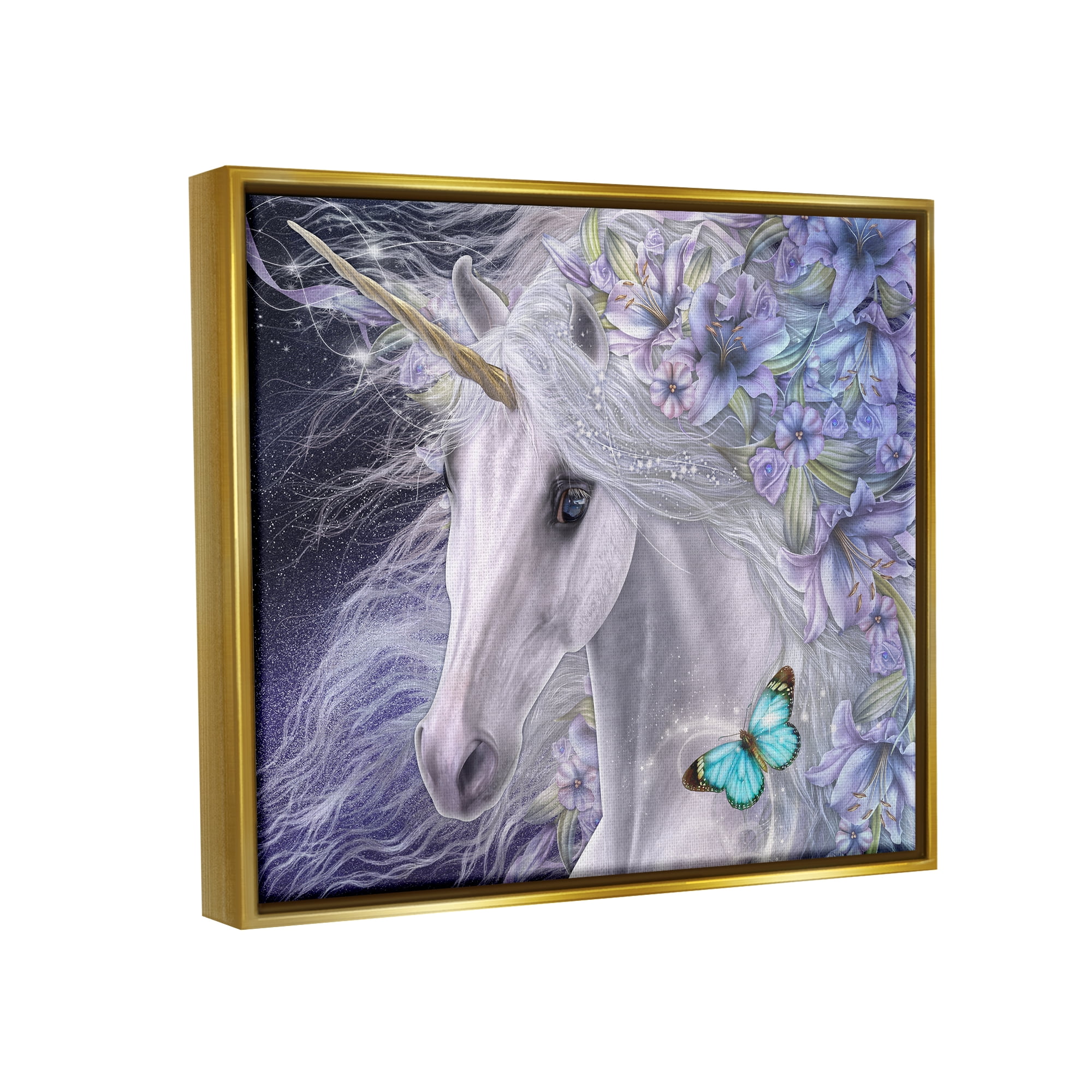 Stupell Industries Lillicorn Purple Floral Unicorn Fairy Tales & Fantasy Painting Gold Floater Framed Canvas Art Print Wall Art, 31 x 25