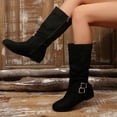 thumbnail image 5 of Women Ruched Knee High Boots, Double Metal Buckle Strap Side Zip Faux Suede Tall Boots, Low Flat Heel Slouch Long Boots Black 5.5(36), 5 of 8