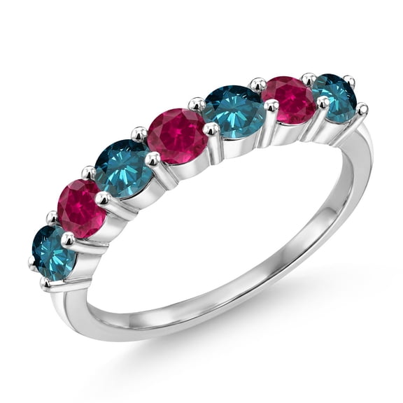 Gem Stone King 925 Sterling Silver Round Blue Diamond Red Created Ruby Anniversary Ring for Women (1.35 Cttw, Gemstone Birthstone) (Size 5)