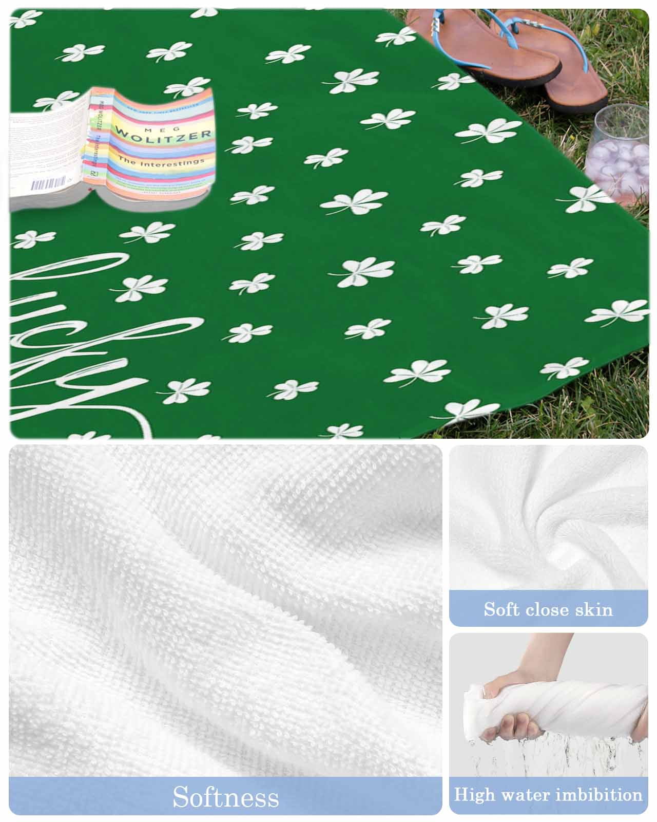 Lucky Shamrock, Beach Towels Oversized Super Absorbent, St. Patrick's Day Irish Clover Green Lightweight Bath Towel Quick Dry Sets For Bathroom/Pool/Rv Camping/Beach Play/Gym Room/Picnic 35"x70"