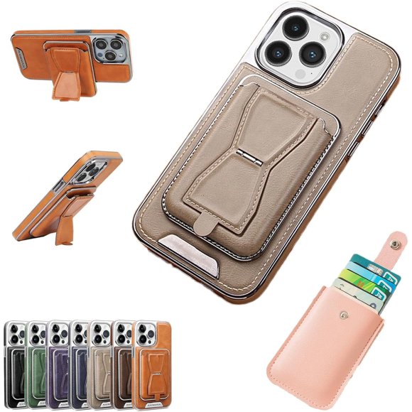 Symmetry Luxury Leather for iPhone Case with Removable Magnetic Tape, Leather Card Holder Phone Case, Phone Case with Card Holder (Grey,15)