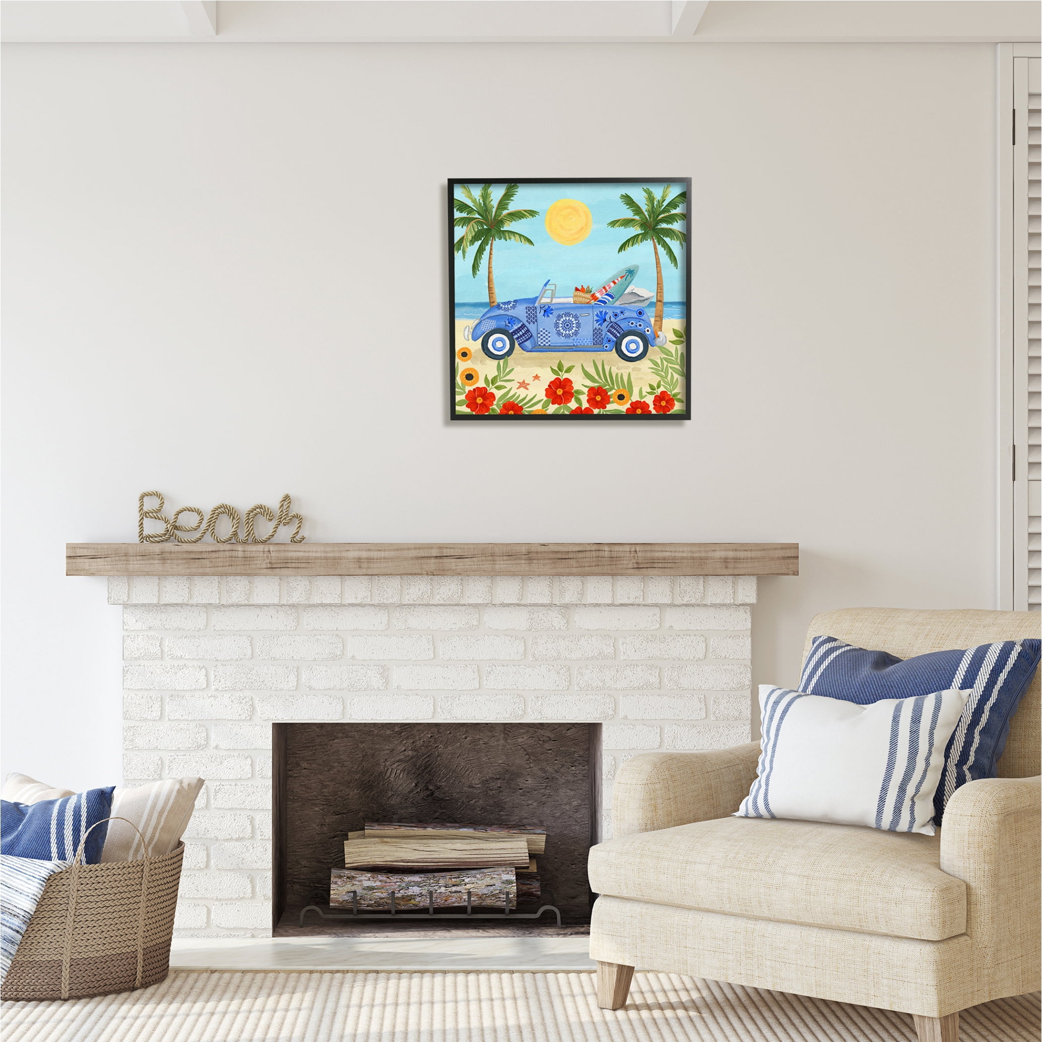 Stupell Industries Floral Car on Beach Transportation Painting Black Framed Art Print Wall Art, 24 x 24